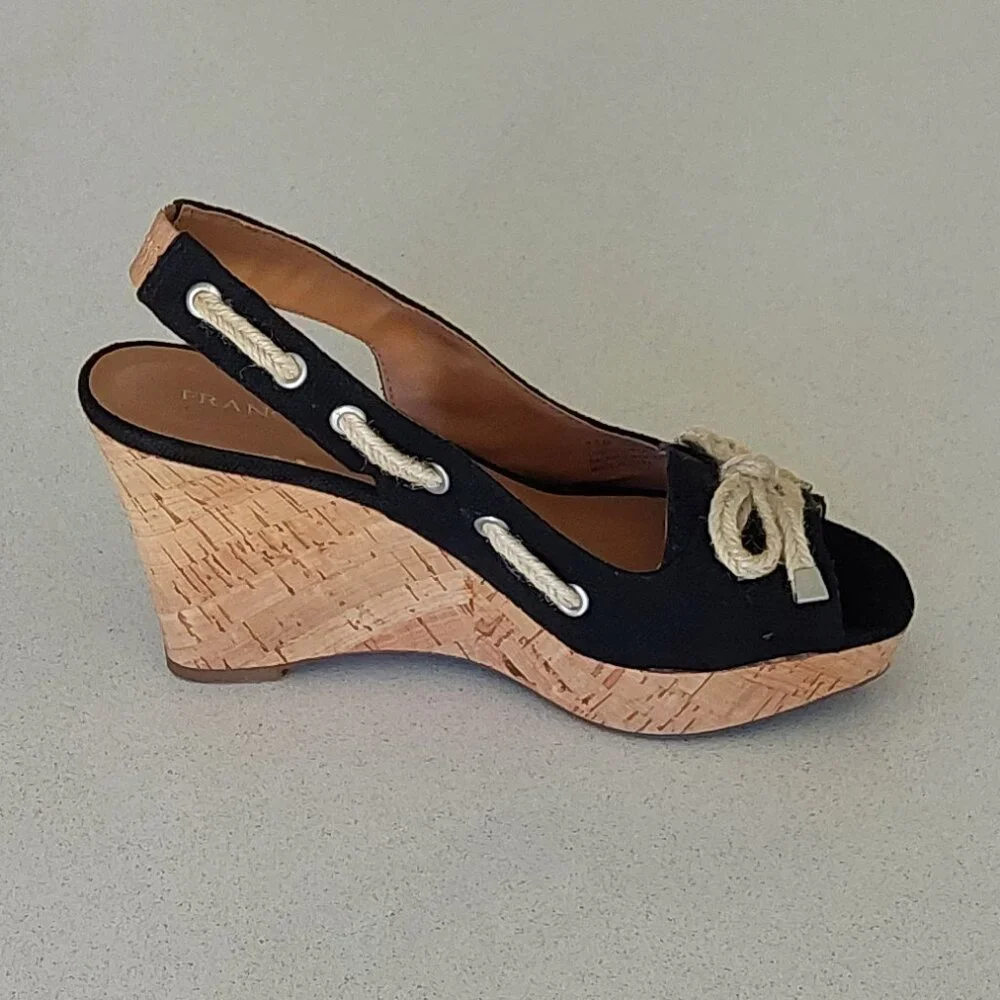 Franco Sarto Black and Cork Rope-Accent Wedge Sandals
